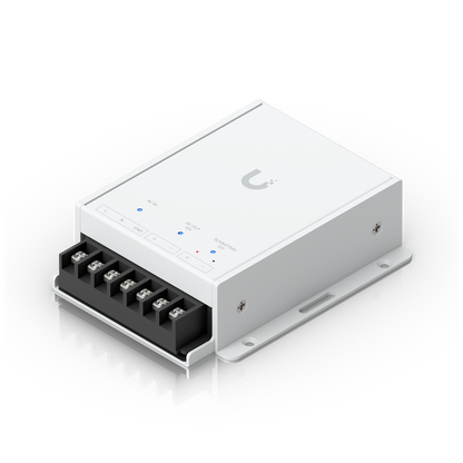 Ubiquiti UniFi Retrofit PSU 12V top angled view with AC input, DC output and SLA battery terminals
