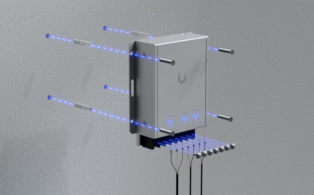 UniFi Retrofit PSU 12V installation diagram showing wall fixings, terminal connections and wiring layout