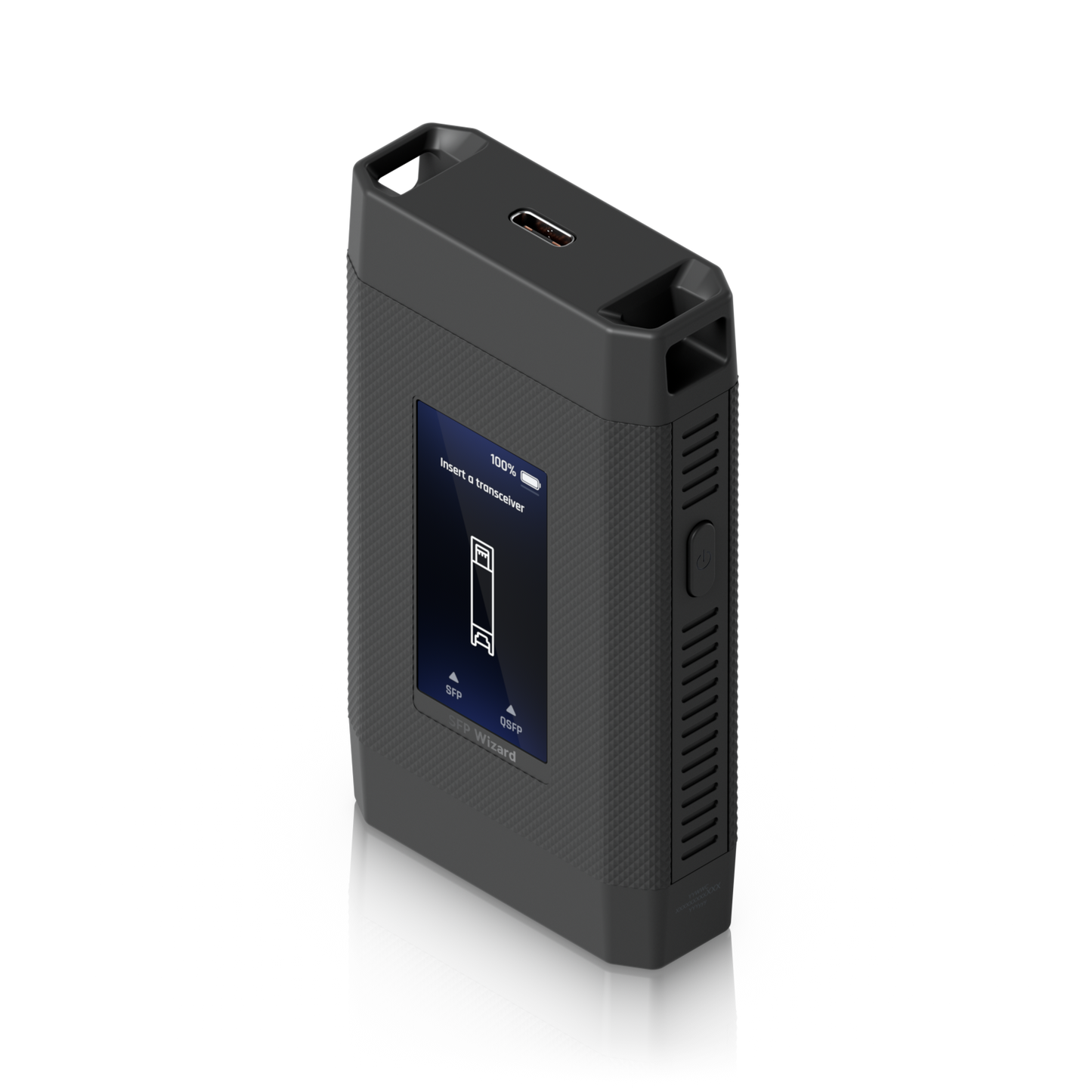 Angled top view of the UniFi SFP Wizard showing its display, USB-C port, side power button and textured housing
