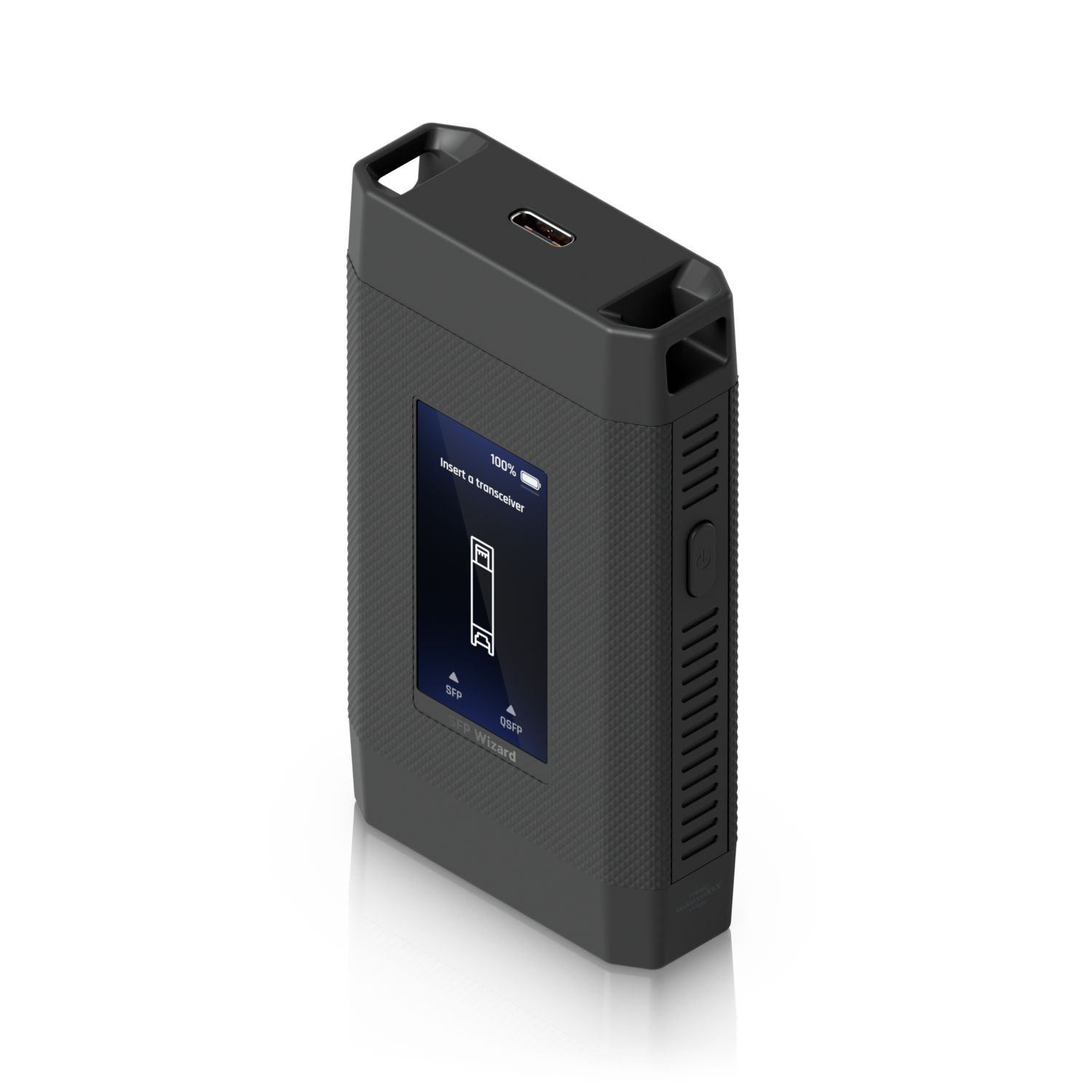 Angled top view of the UniFi SFP Wizard showing its display, USB-C port, side power button and textured housing