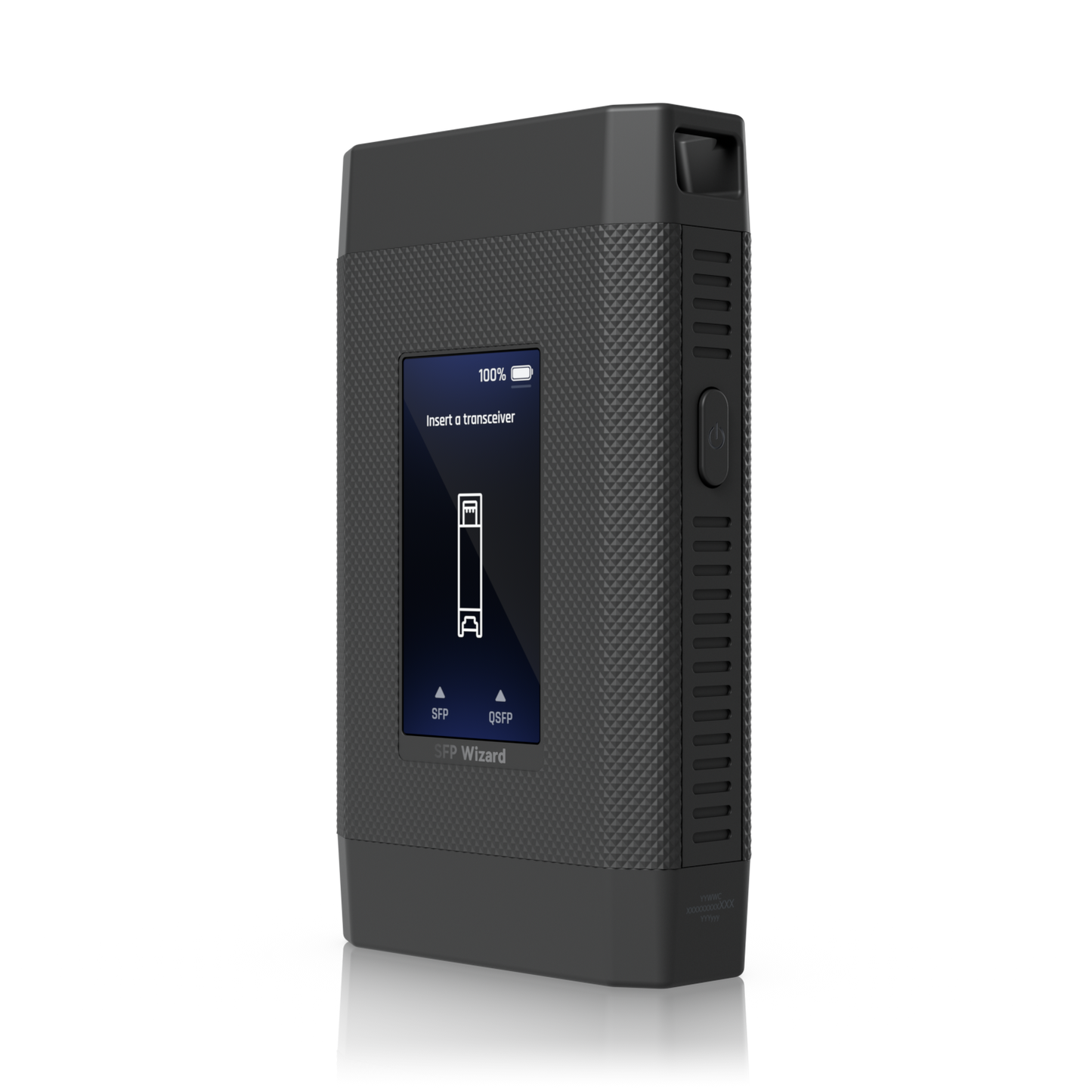 Angled front view of the UniFi SFP Wizard showing its display, textured casing, power button and ventilation slots