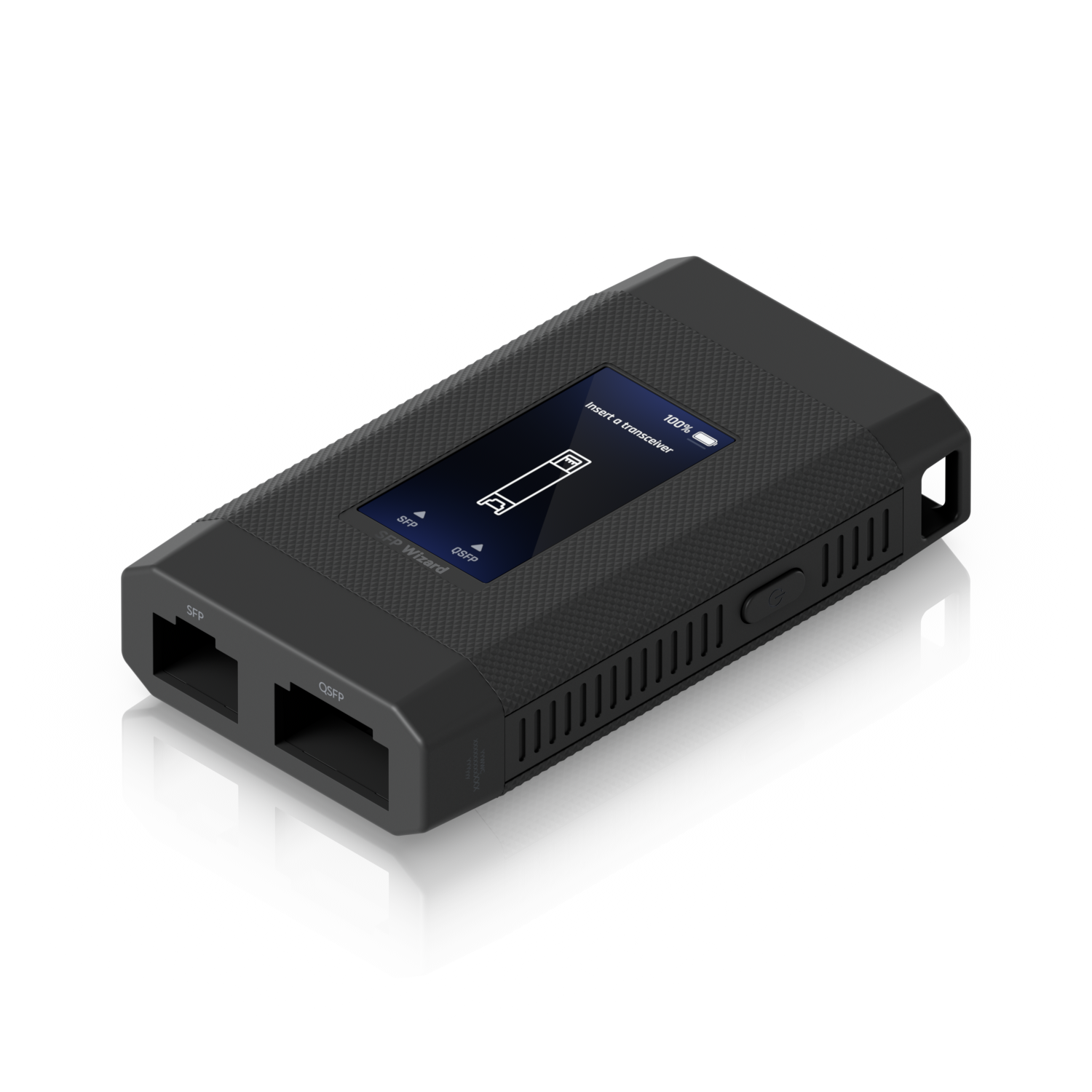Ubiquiti UniFi SFP Wizard laid flat with touchscreen, labelled SFP and QSFP transceiver ports and side controls