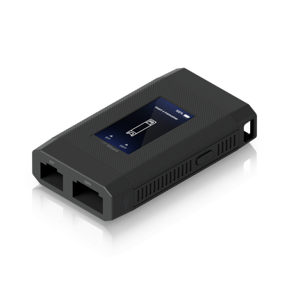 Ubiquiti UniFi SFP Wizard laid flat with touchscreen, labelled SFP and QSFP transceiver ports and side controls
