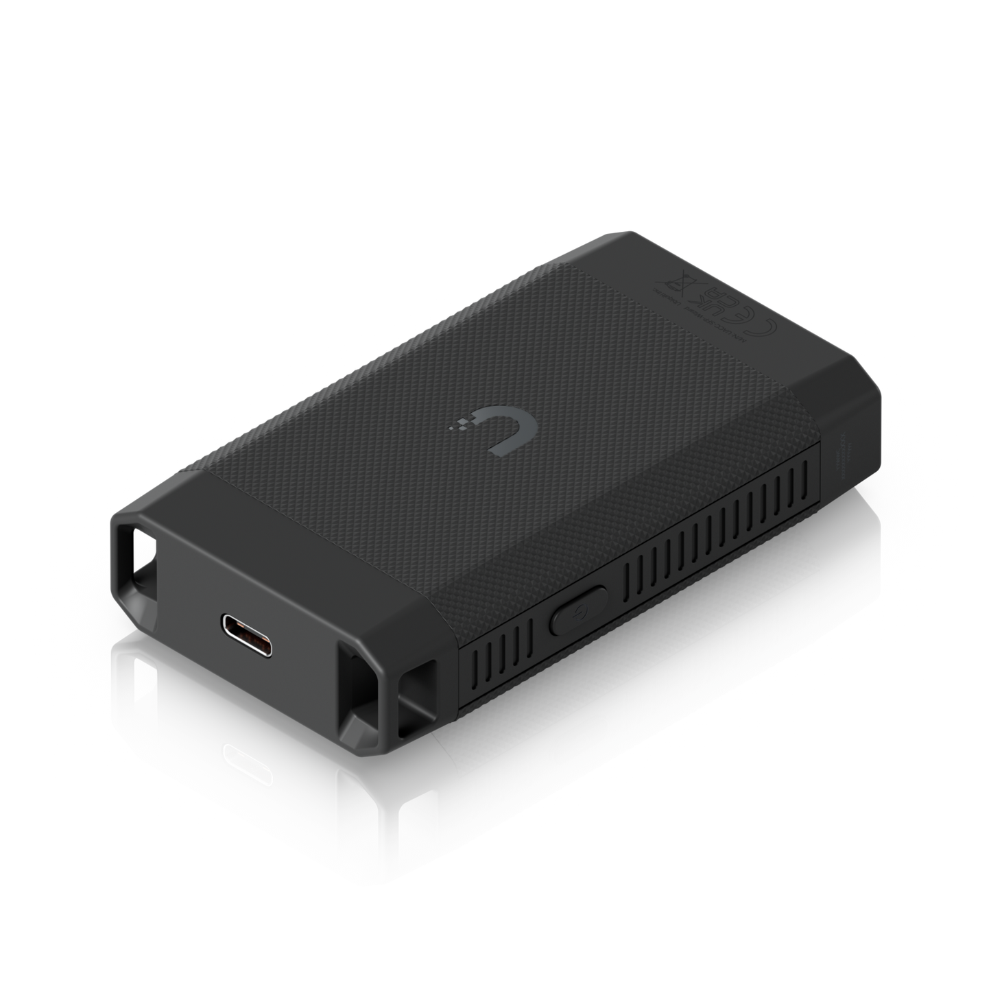 Rear angled view of the UACC-SFP-Wizard showing the USB-C charging port, textured casing and power button