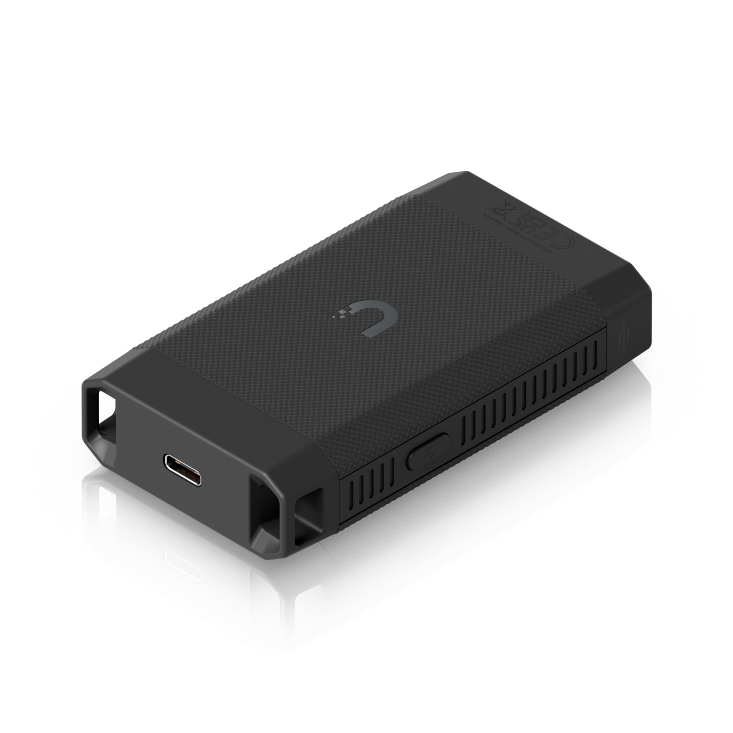 Rear angled view of the UACC-SFP-Wizard showing the USB-C charging port, textured casing and power button