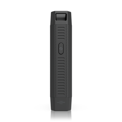 Side view of the UniFi SFP Wizard with recessed grip, power button and ventilation slots