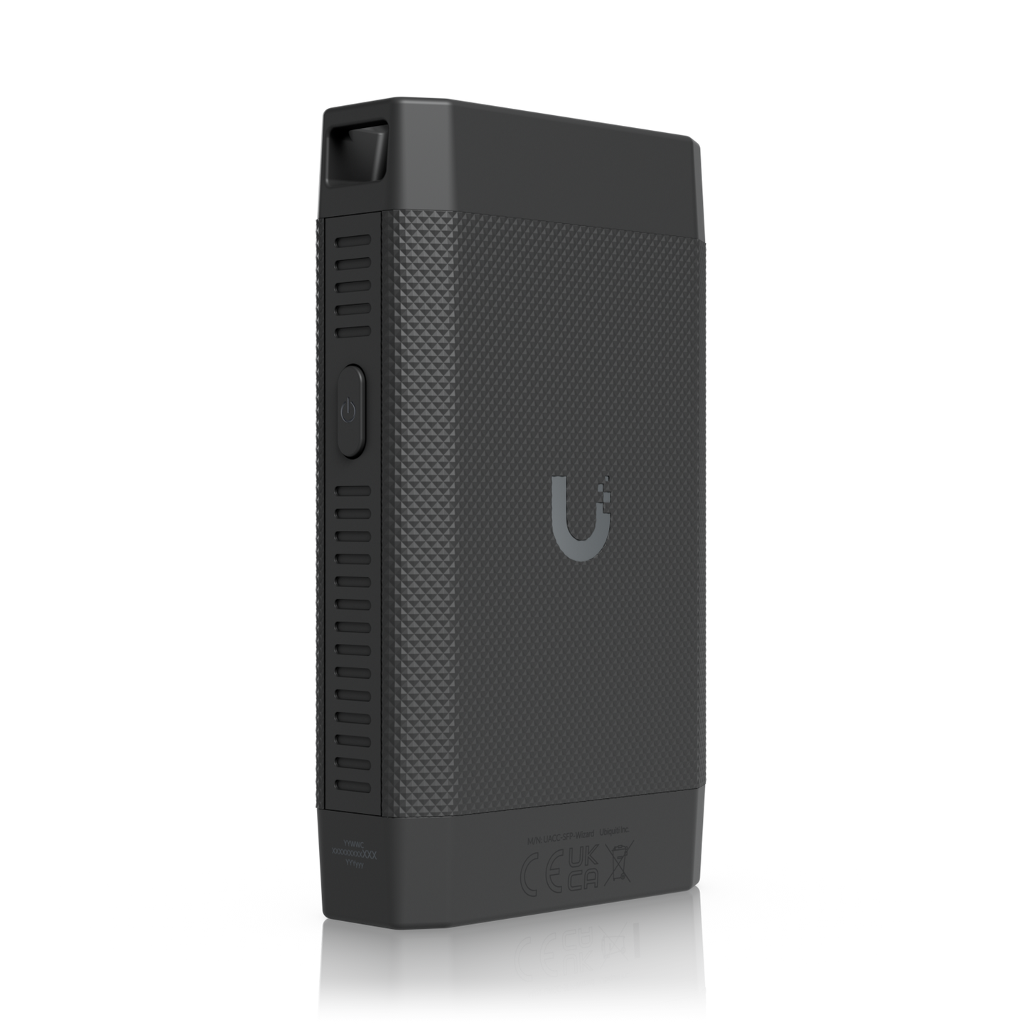 Angled rear view of the Ubiquiti SFP Wizard featuring its textured casing, UniFi logo and side power controls