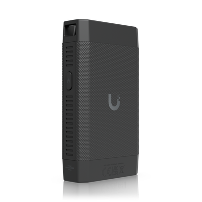 Angled rear view of the Ubiquiti SFP Wizard featuring its textured casing, UniFi logo and side power controls
