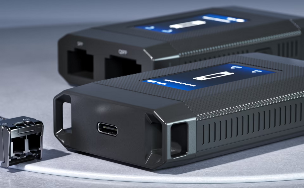 Two UniFi SFP Wizard devices with touchscreen displays, USB-C port, SFP and QSFP slots, and optical transceiver module