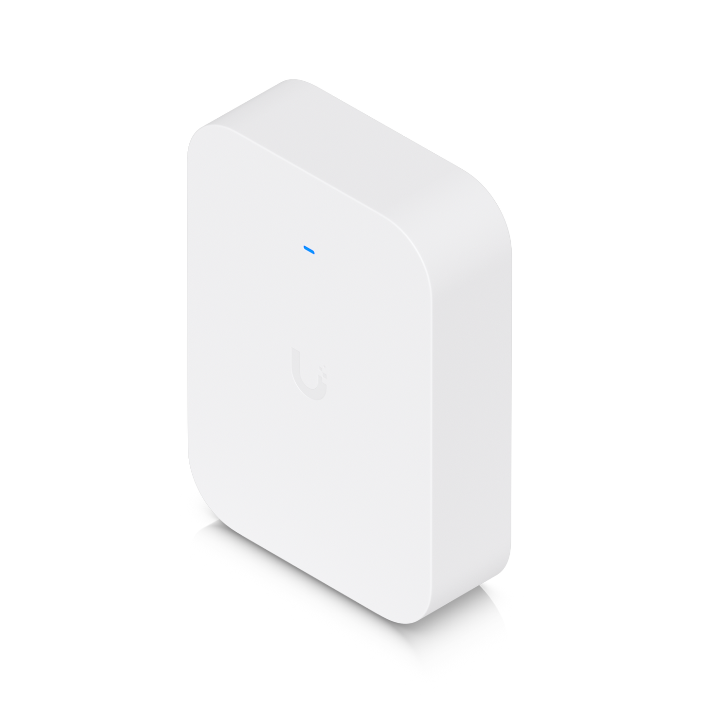 Ubiquiti U7 Pro XG Wall fitted with a white paintable cover, angled view with blue status LED