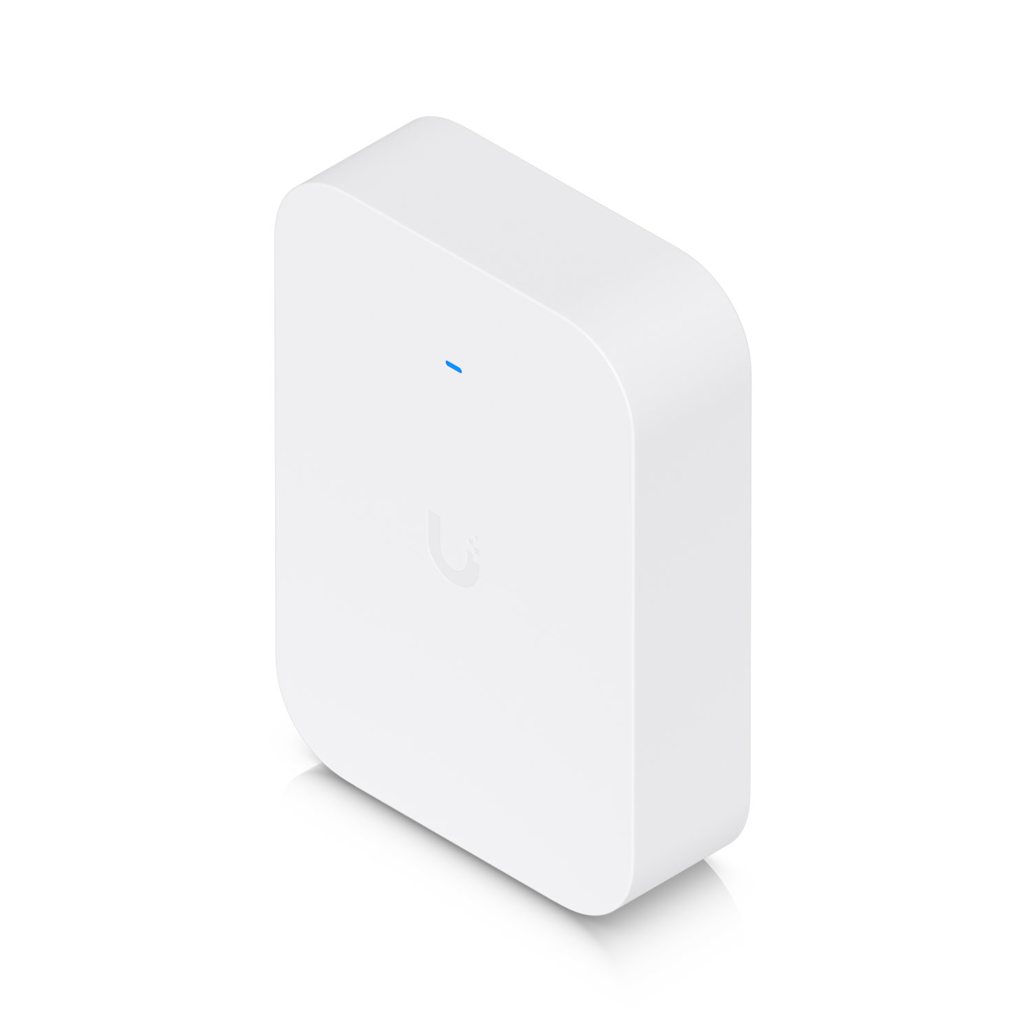 Ubiquiti U7 Pro XG Wall fitted with a white paintable cover, angled view with blue status LED