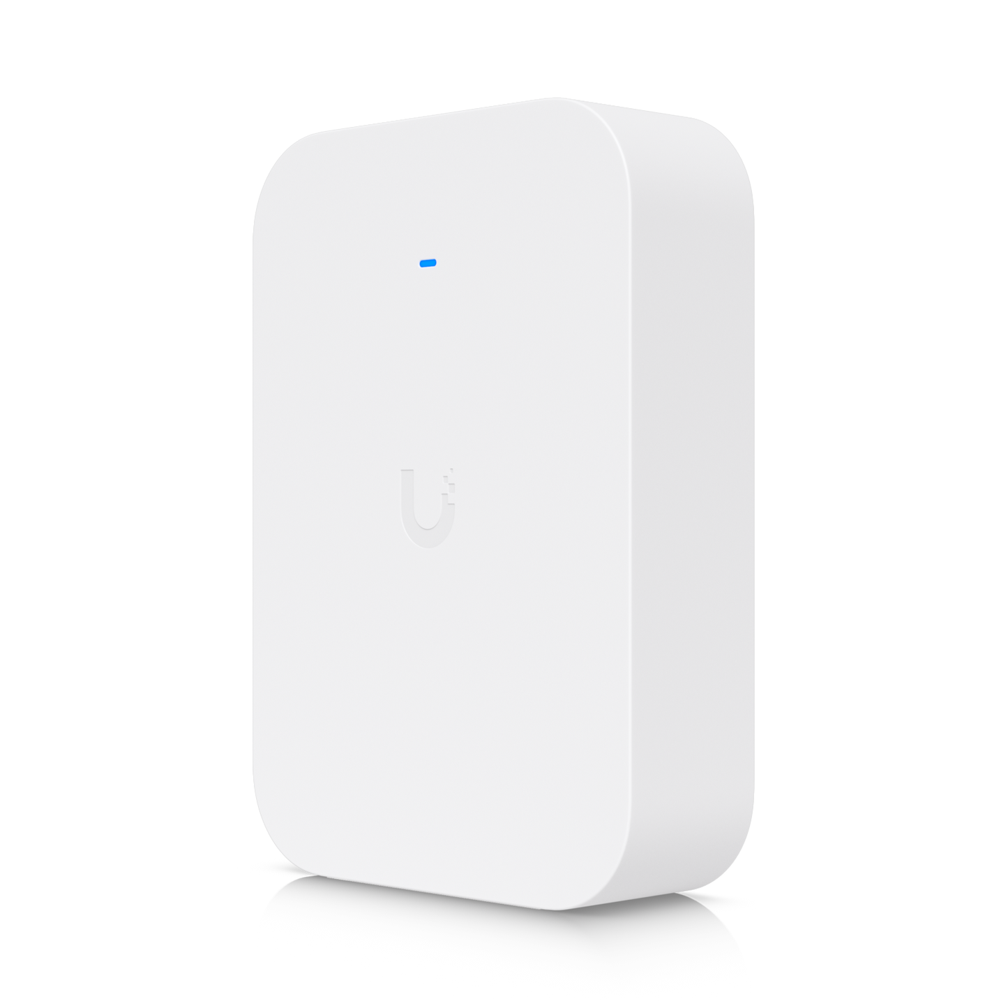 Three-quarter front view of the UniFi U7 Pro XG Wall Paintable Cover with illuminated status LED