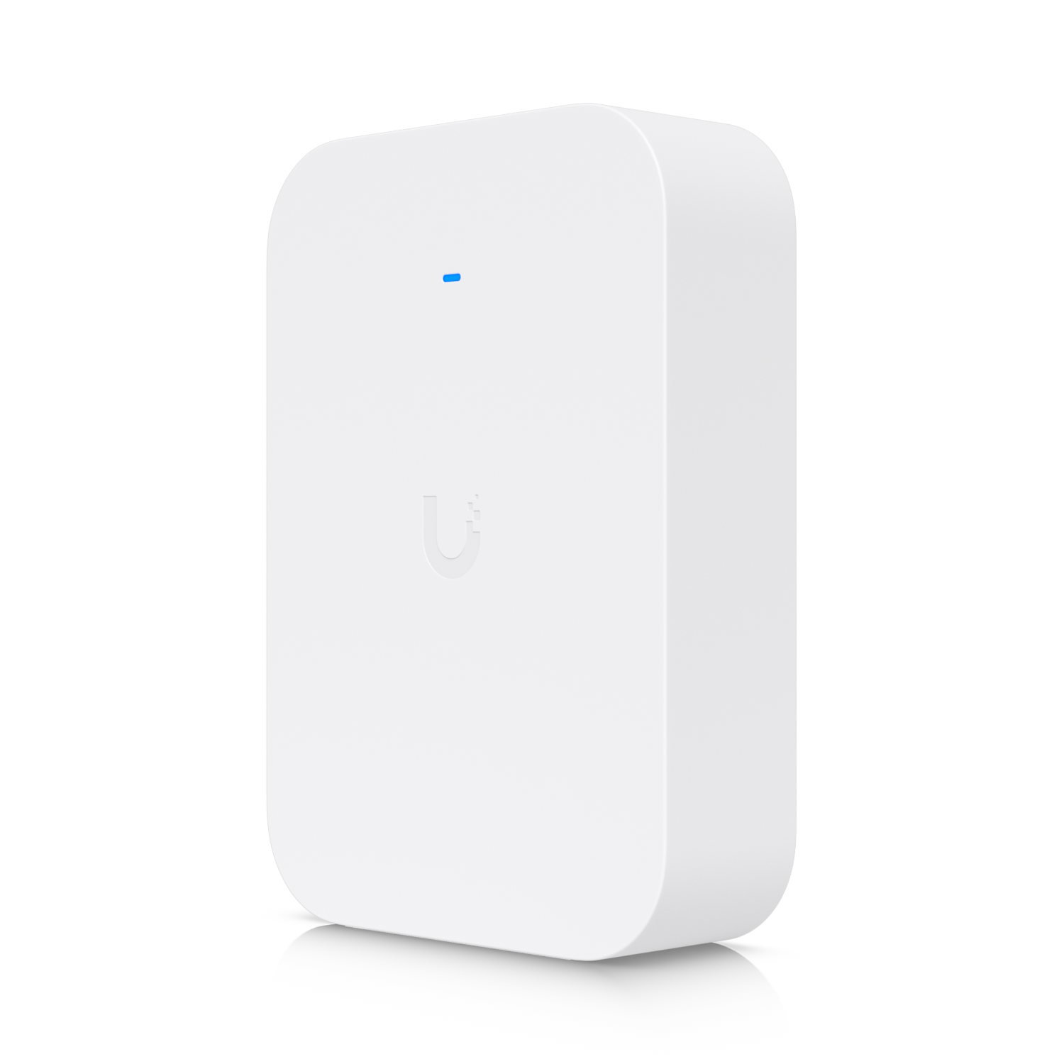 Three-quarter front view of the UniFi U7 Pro XG Wall Paintable Cover with illuminated status LED