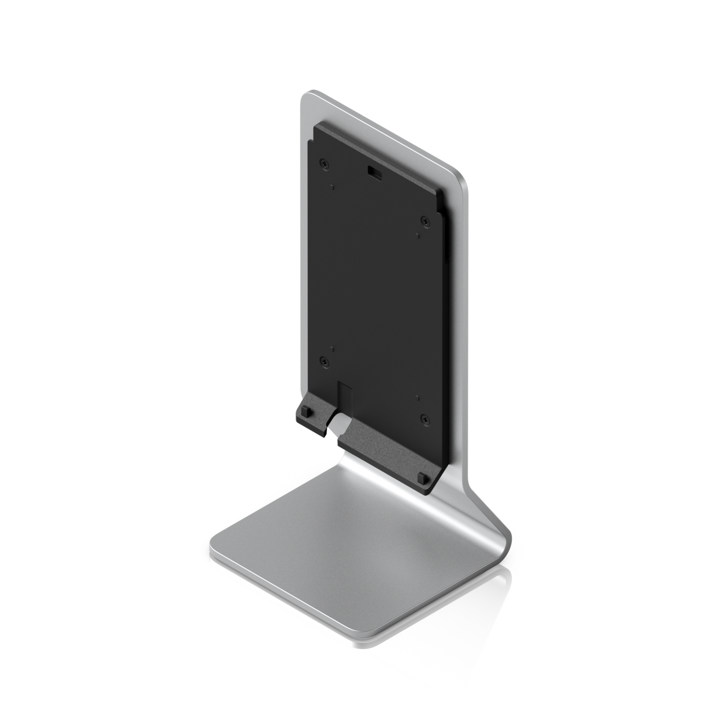 Elevated rear angled view of the UniFi U7 Pro XG Wall Table Stand showing the mounting bracket and wide desktop base