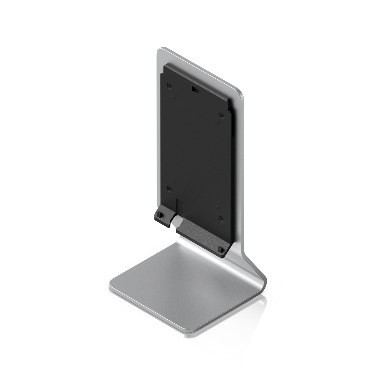Elevated rear angled view of the UniFi U7 Pro XG Wall Table Stand showing the mounting bracket and wide desktop base