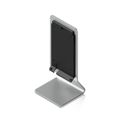 Elevated rear angled view of the UniFi U7 Pro XG Wall Table Stand showing the mounting bracket and wide desktop base
