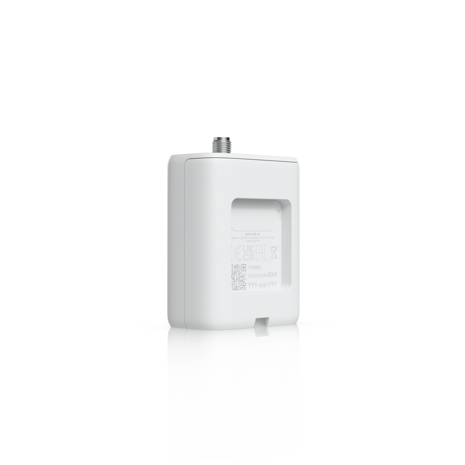 Angled front view of the Ubiquiti UniFi UDB-IoT Device Bridge IoT with blue signal indicator LEDs