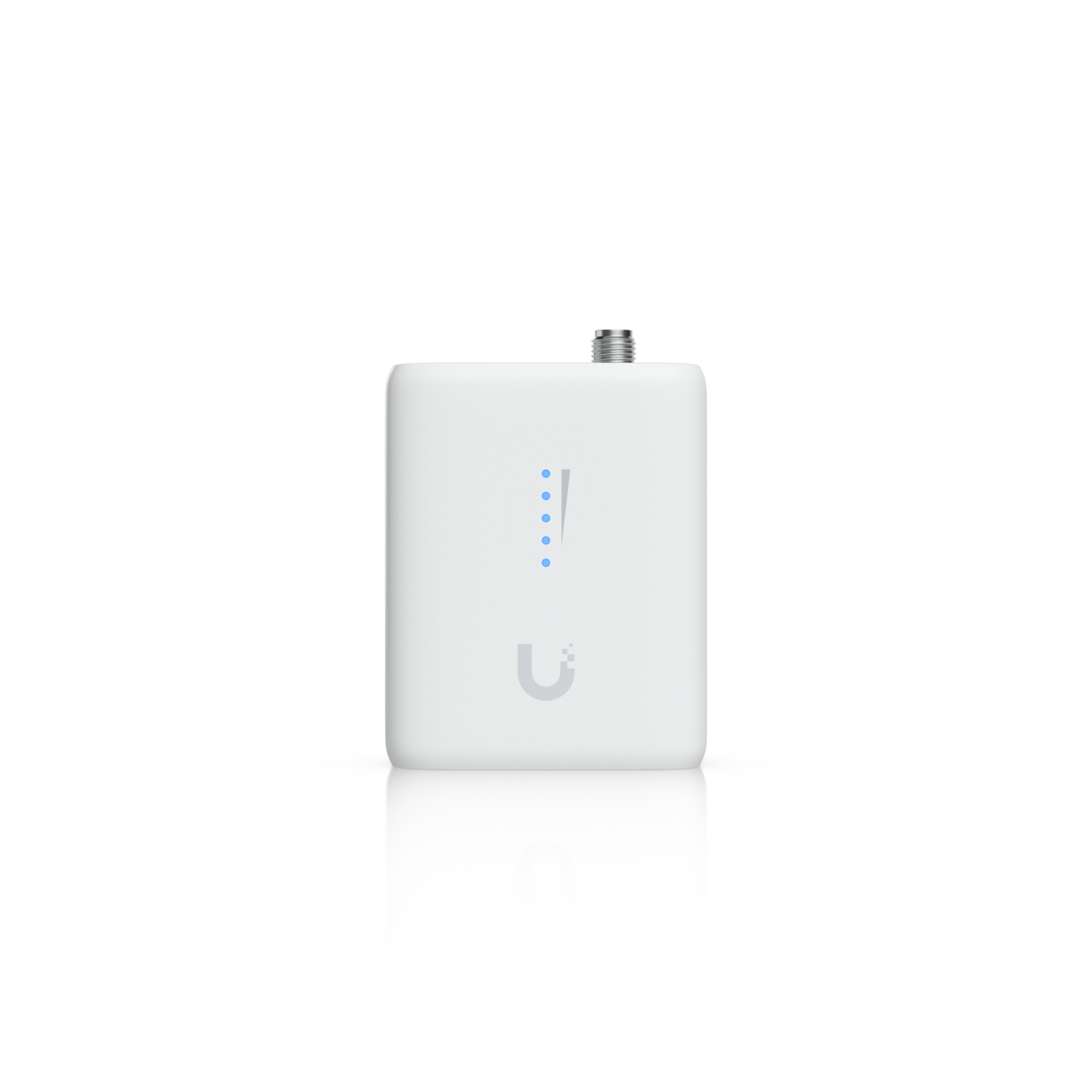 Front view of the Ubiquiti UniFi UDB-IoT Device Bridge IoT with blue status LEDs and antenna connector