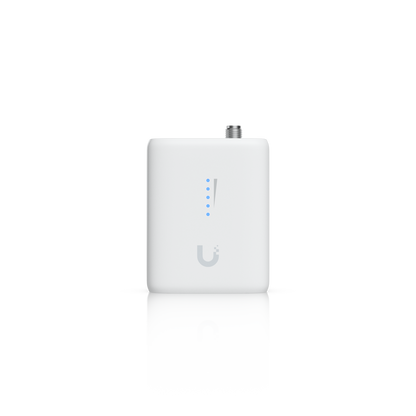 Front view of the Ubiquiti UniFi UDB-IoT Device Bridge IoT with blue status LEDs and antenna connector