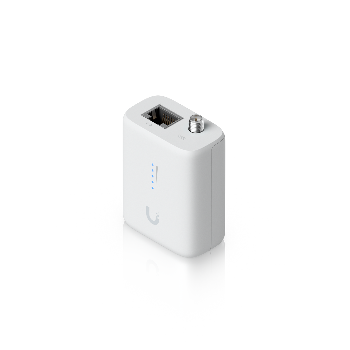 Angled Ubiquiti UDB-IoT Device Bridge IoT showing Ethernet port, WiFi antenna connector and signal LEDs