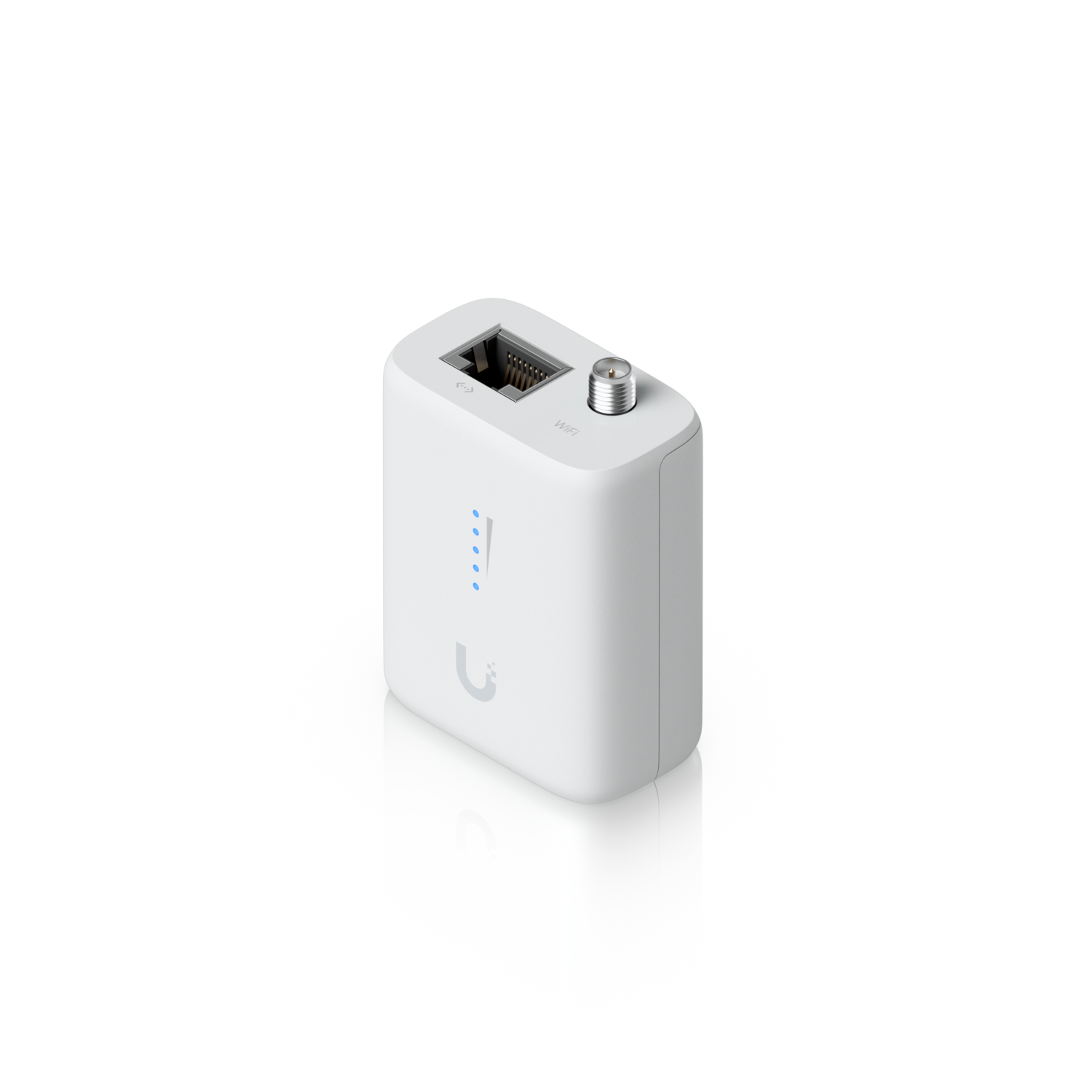 Angled Ubiquiti UDB-IoT Device Bridge IoT showing Ethernet port, WiFi antenna connector and signal LEDs