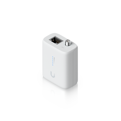 Angled Ubiquiti UDB-IoT Device Bridge IoT showing Ethernet port, WiFi antenna connector and signal LEDs