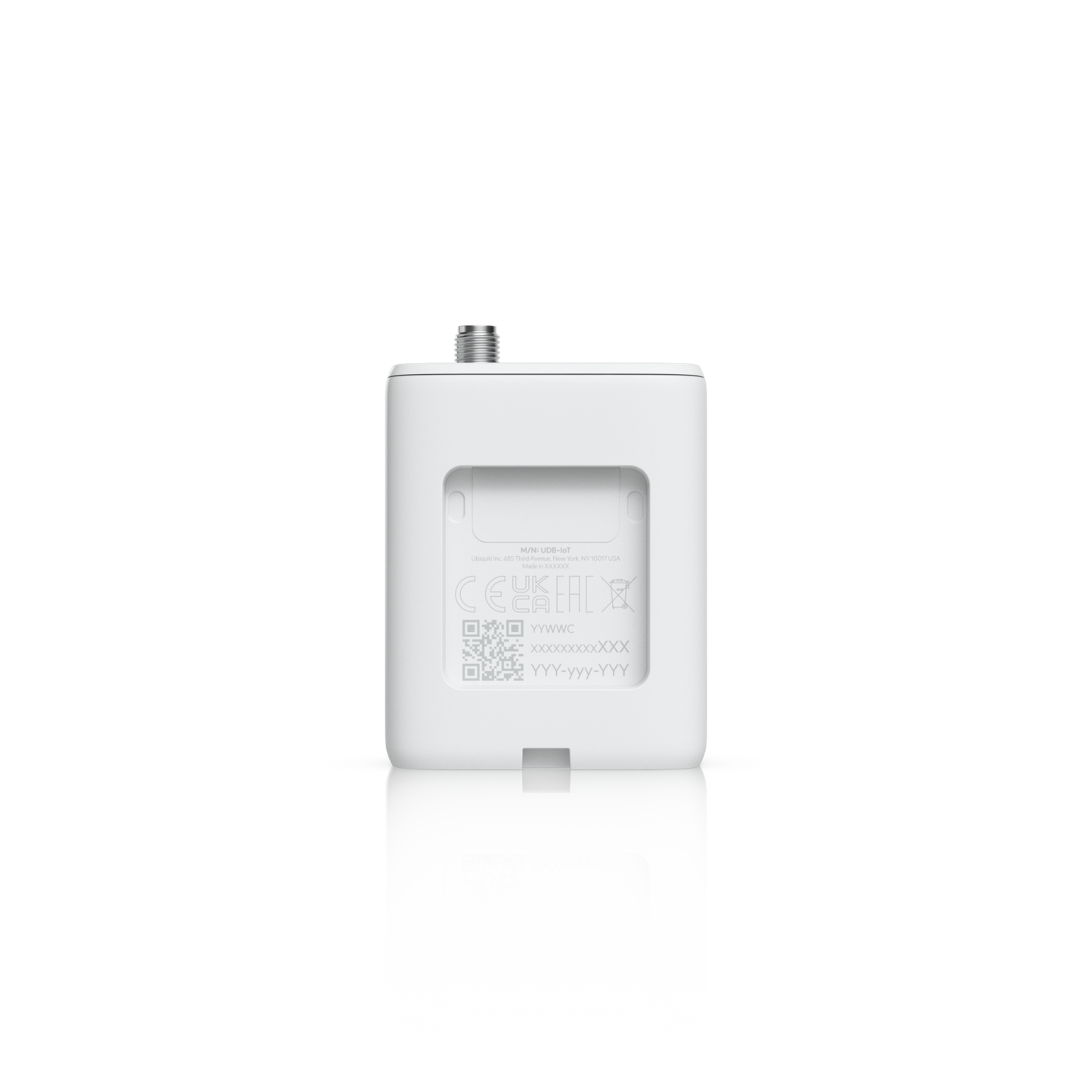 Rear view of the Ubiquiti UniFi UDB-IoT Device Bridge IoT showing recessed product label and antenna connector