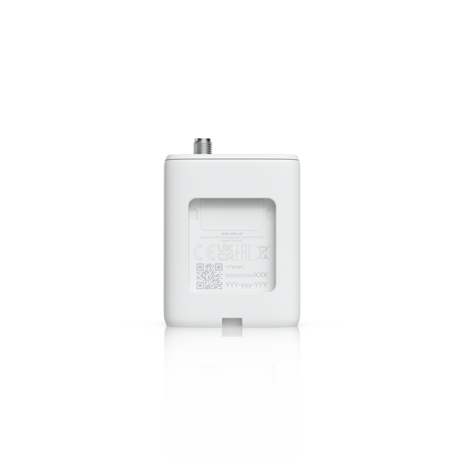 Rear view of the Ubiquiti UniFi UDB-IoT Device Bridge IoT showing recessed product label and antenna connector