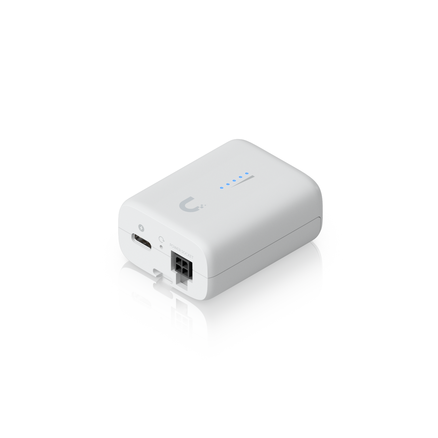 Angled underside view of the Ubiquiti UDB-IoT Device Bridge IoT with USB-C port, reset button and power socket