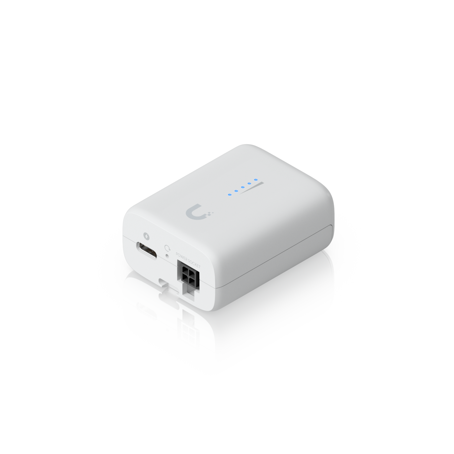 Angled underside view of the Ubiquiti UDB-IoT Device Bridge IoT with USB-C port, reset button and power socket