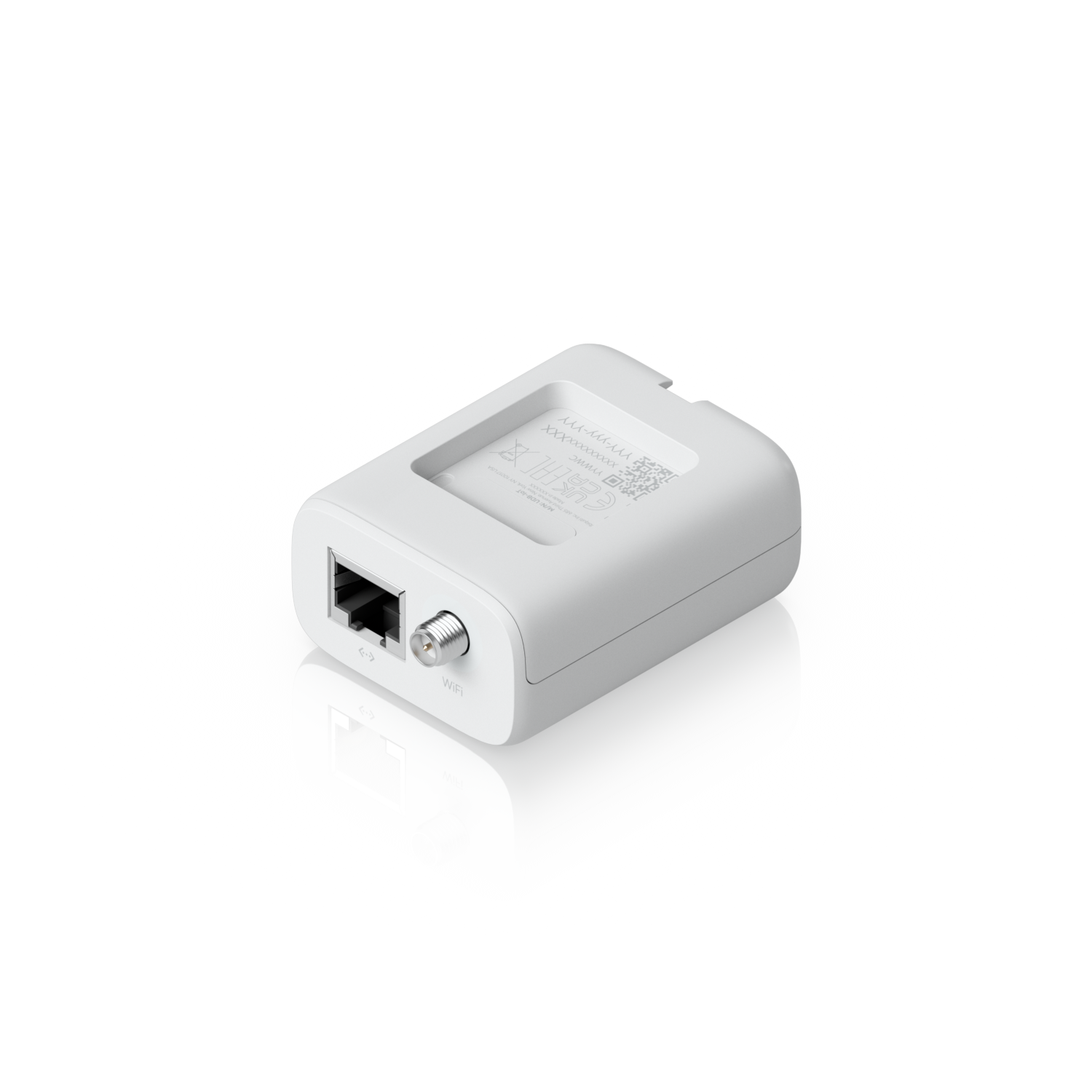 Rear angled Ubiquiti UniFi UDB-IoT Device Bridge IoT showing Ethernet port, antenna connector and recessed label