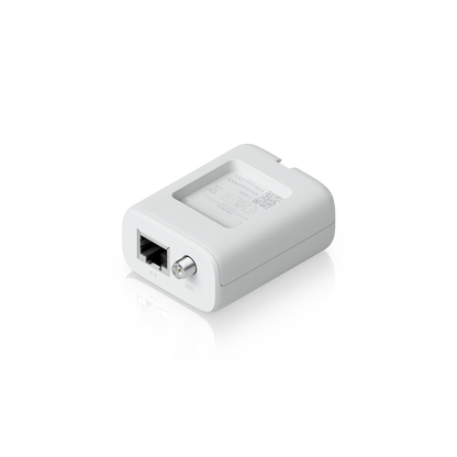 Rear angled Ubiquiti UniFi UDB-IoT Device Bridge IoT showing Ethernet port, antenna connector and recessed label