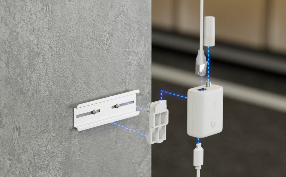 Ubiquiti UniFi UDB-IoT installation diagram showing DIN rail bracket, antenna, Ethernet cable and USB-C power connection