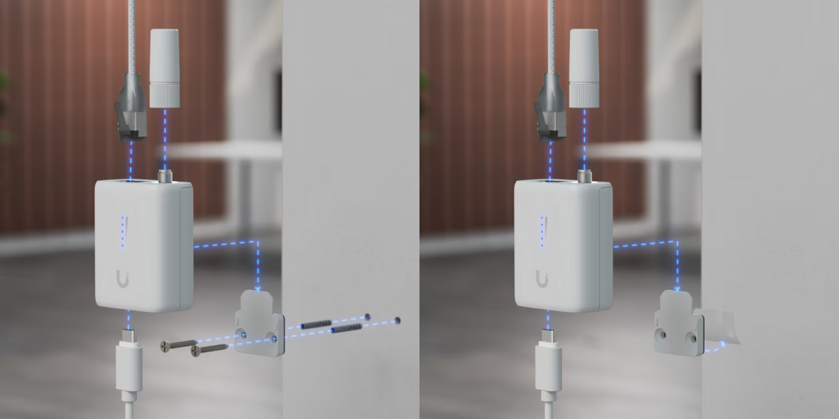 Ubiquiti UDB-IoT Device Bridge IoT wall-mounting diagram showing bracket, screws, antenna and cable connections