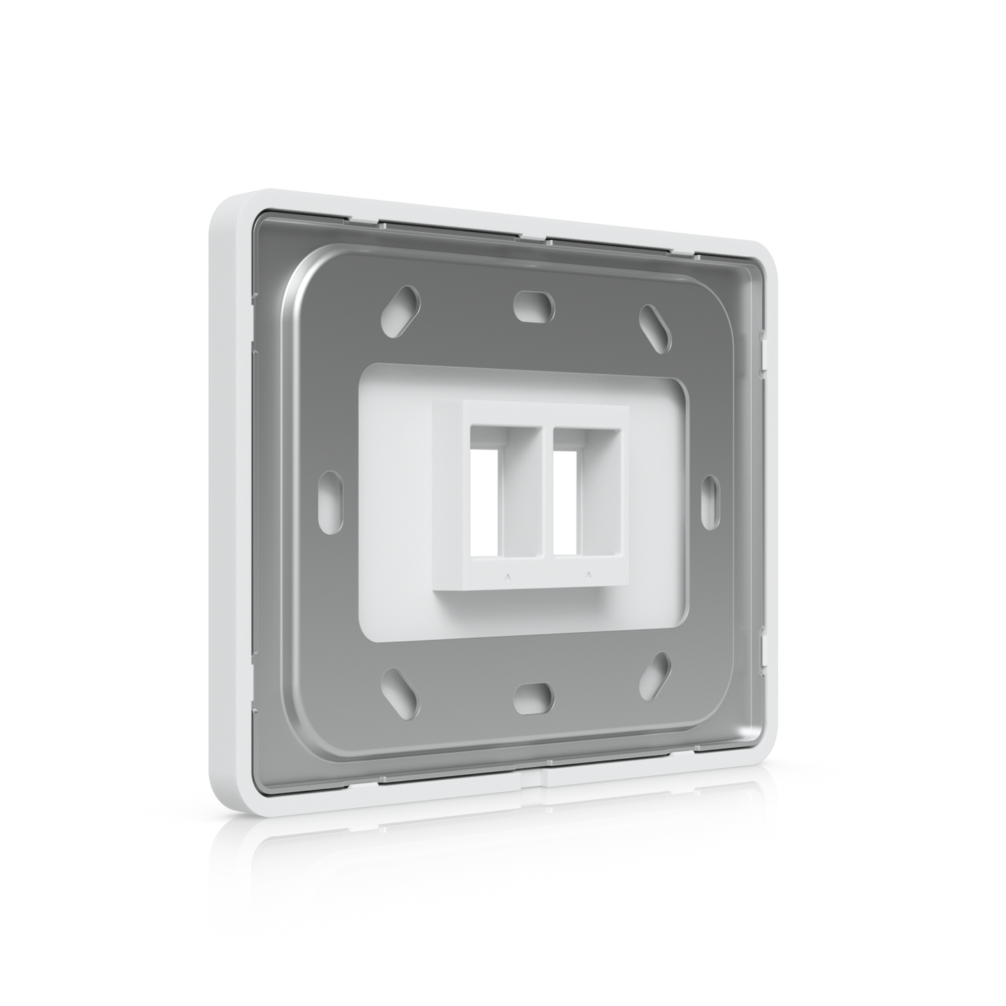 Angled rear view of Ubiquiti UniFi 2-port keystone wall plate with mounting frame and dual openings