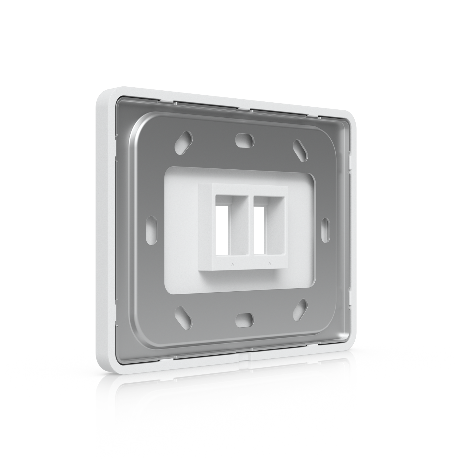 Angled rear view of Ubiquiti UniFi 2-port keystone wall plate with mounting frame and dual openings