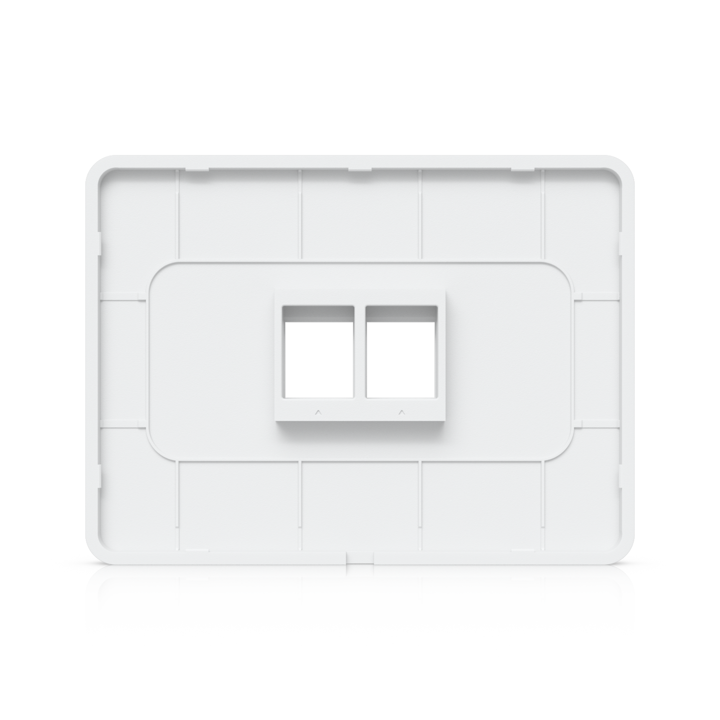 Back view of Ubiquiti UniFi paintable 2-port wall plate showing ribbed construction and dual keystone openings