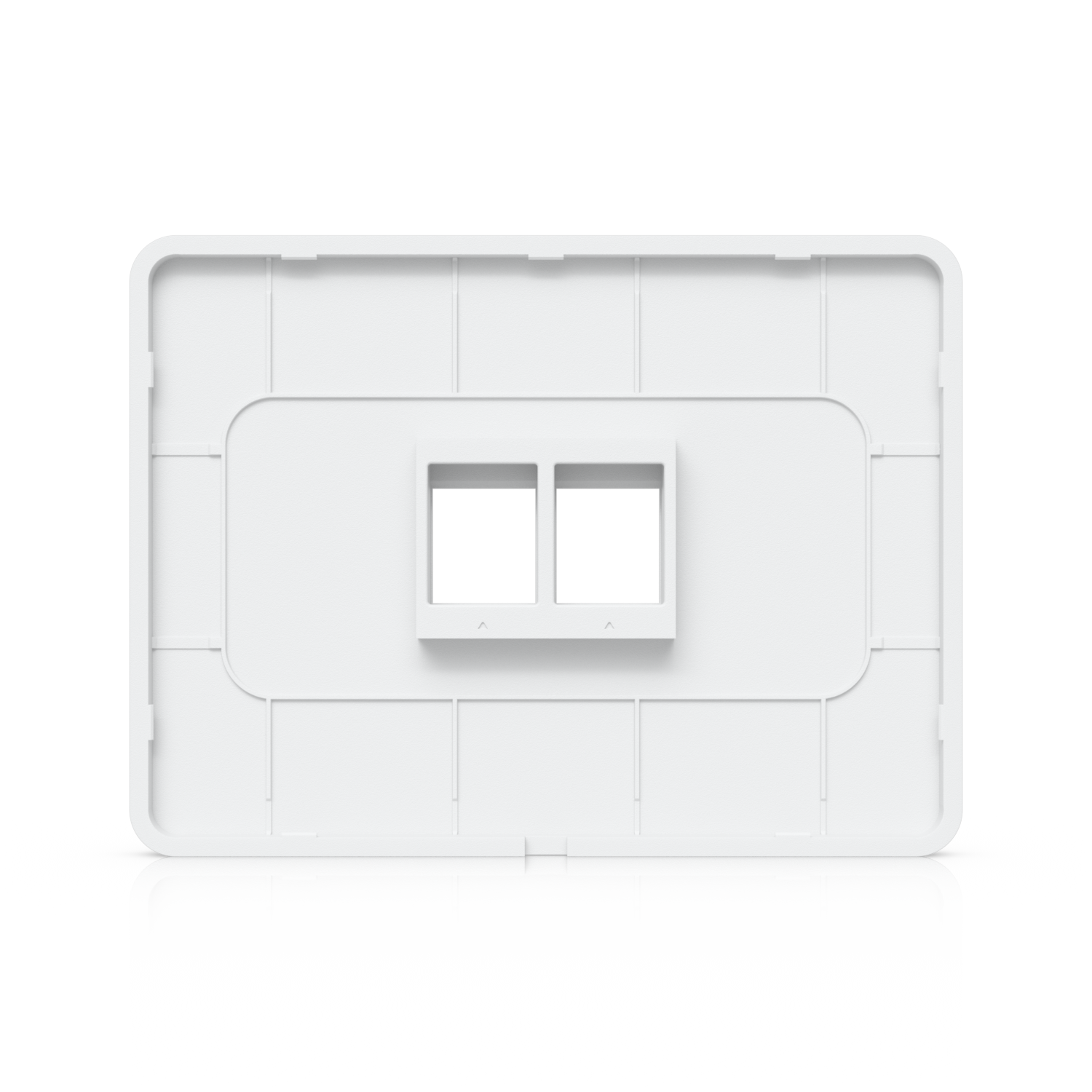 Back view of Ubiquiti UniFi paintable 2-port wall plate showing ribbed construction and dual keystone openings