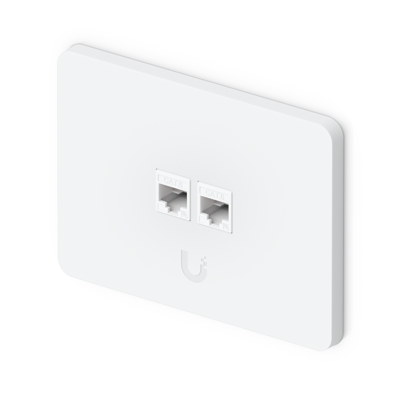Angled front view of Ubiquiti UACC-WP-Keystone UniFi horizontal wall plate fitted with two CAT6 keystone jacks