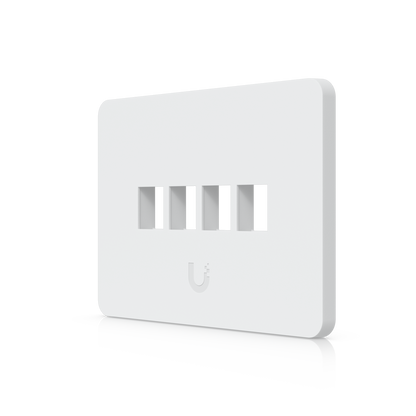 Angled front view of the Ubiquiti UniFi Universal Paintable Keystone Wall Plate with four horizontal ports