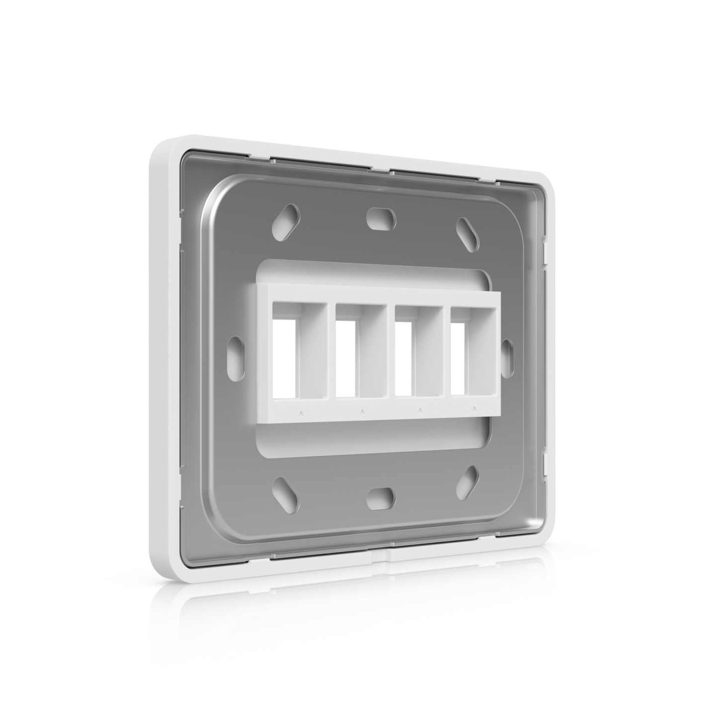 Rear angled view of the UniFi paintable 4-port keystone wall plate with mounting plate and fixing slots