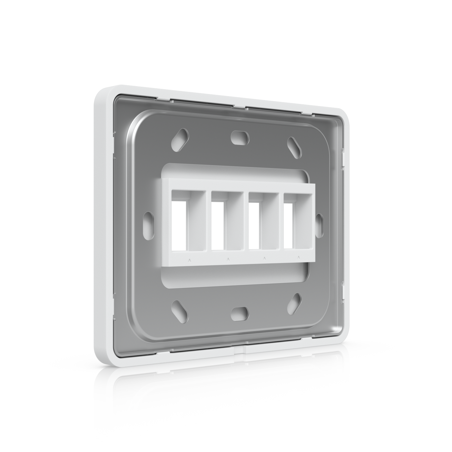 Rear angled view of the UniFi paintable 4-port keystone wall plate with mounting plate and fixing slots