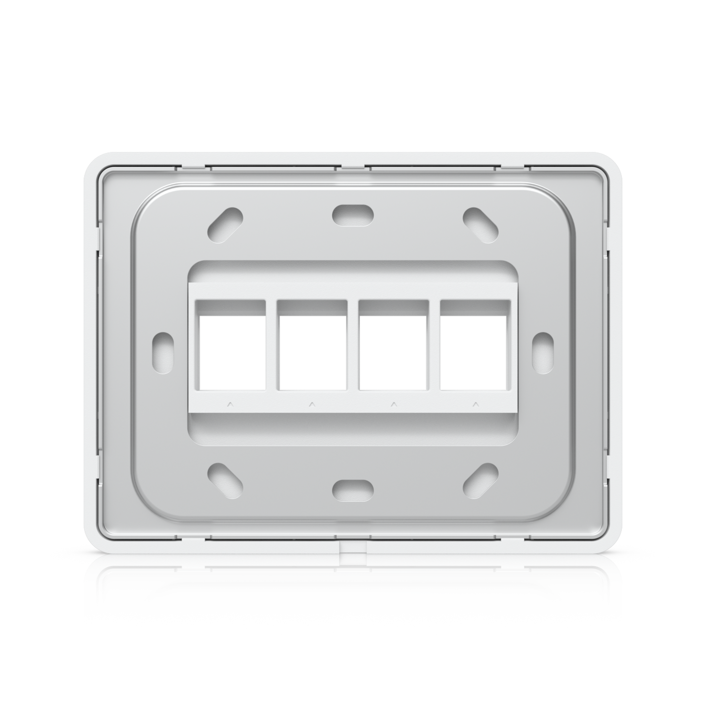Rear view of the Ubiquiti UACC-WP-Keystone wall plate showing four module openings and mounting points