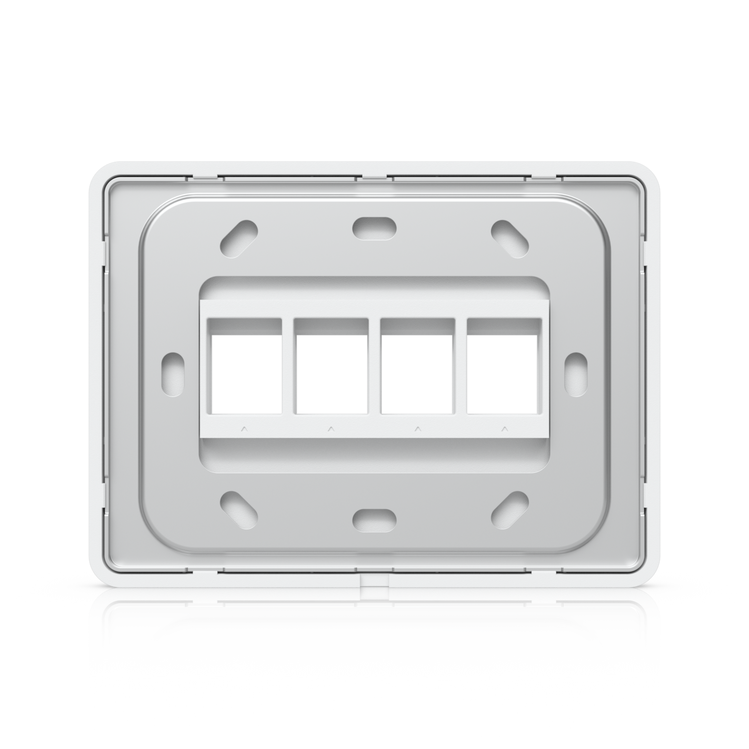 Rear view of the Ubiquiti UACC-WP-Keystone wall plate showing four module openings and mounting points
