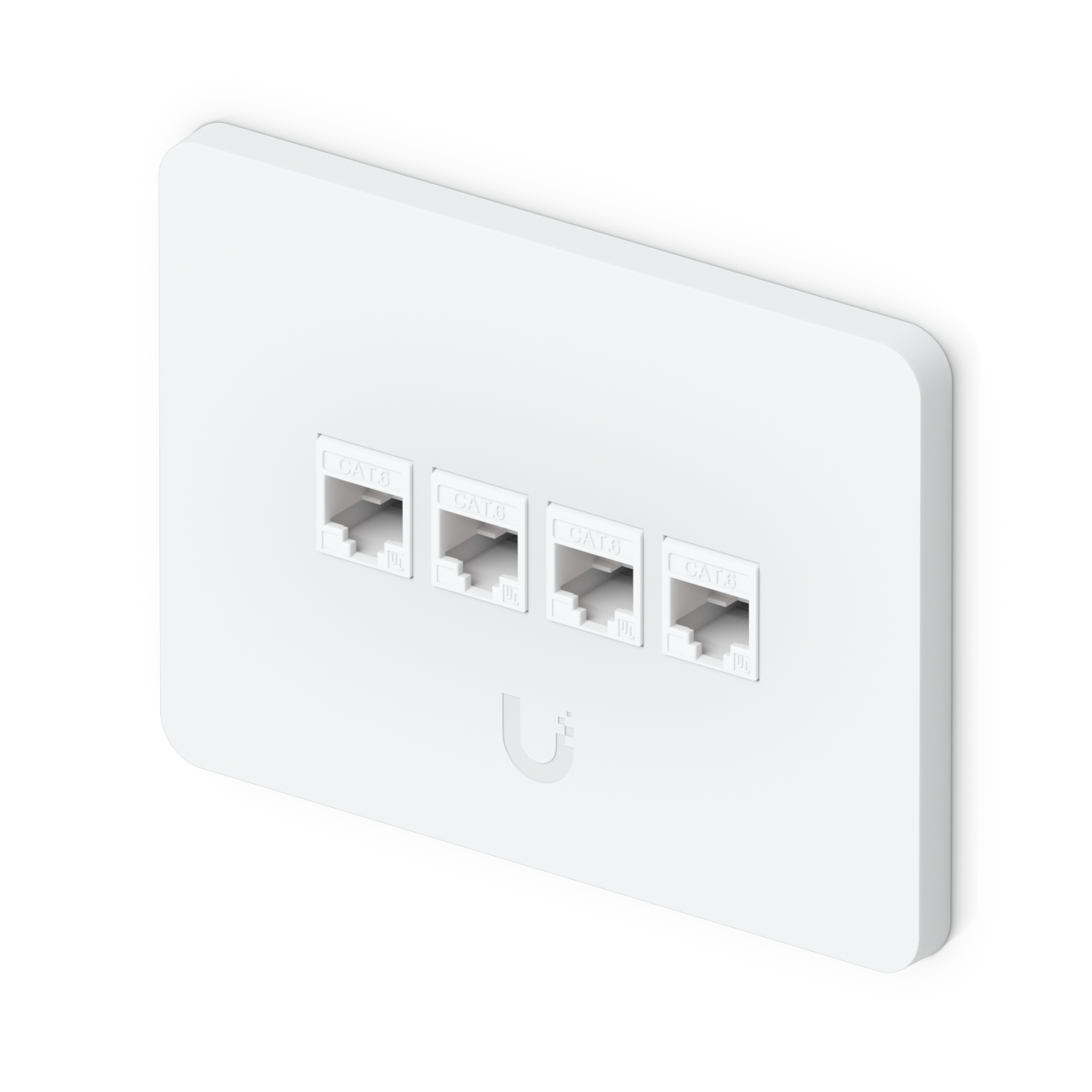 Angled view of the Ubiquiti UniFi paintable wall plate fitted with four CAT6 keystone network jacks