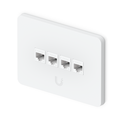 Angled view of the Ubiquiti UniFi paintable wall plate fitted with four CAT6 keystone network jacks