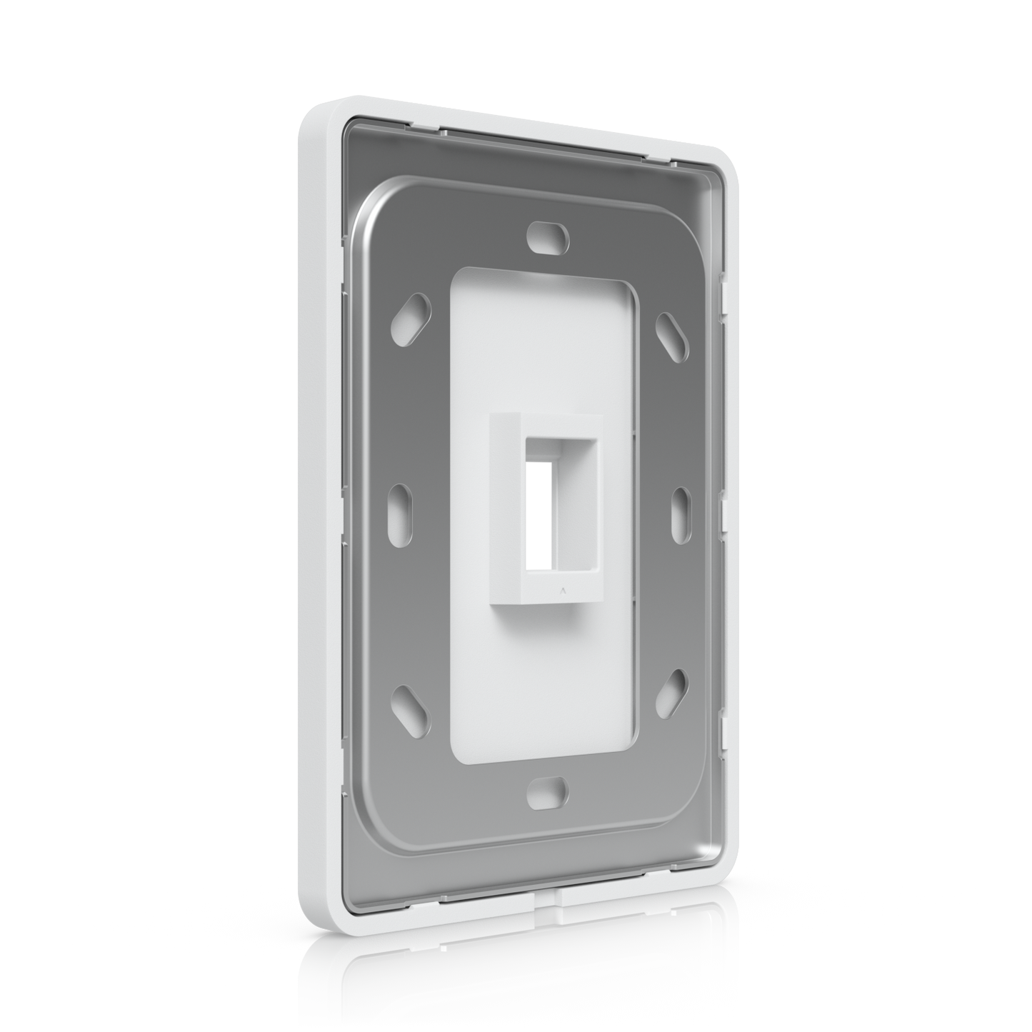 Rear angled view of Ubiquiti UniFi 1-port keystone wall plate with mounting bracket