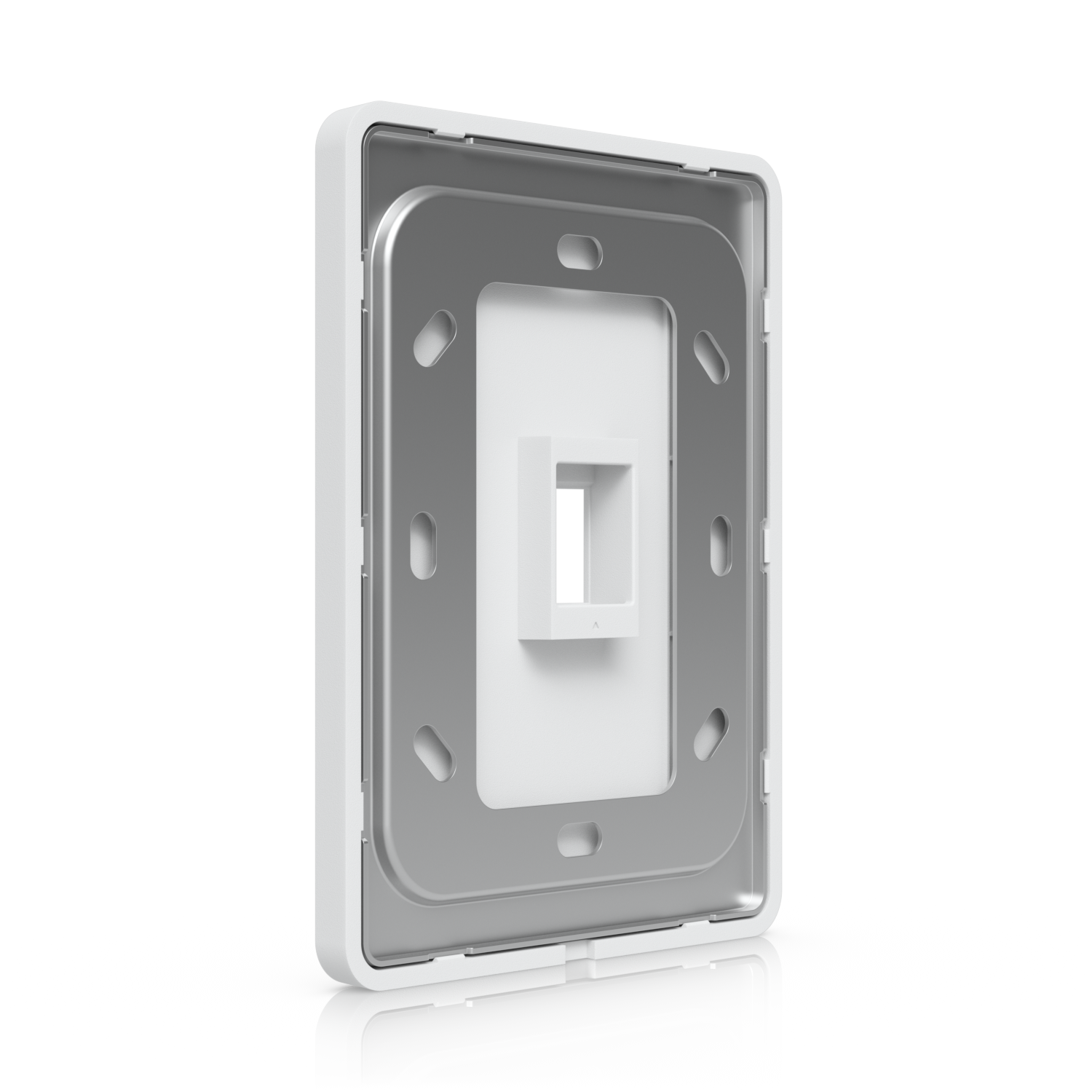 Rear angled view of Ubiquiti UniFi 1-port keystone wall plate with mounting bracket