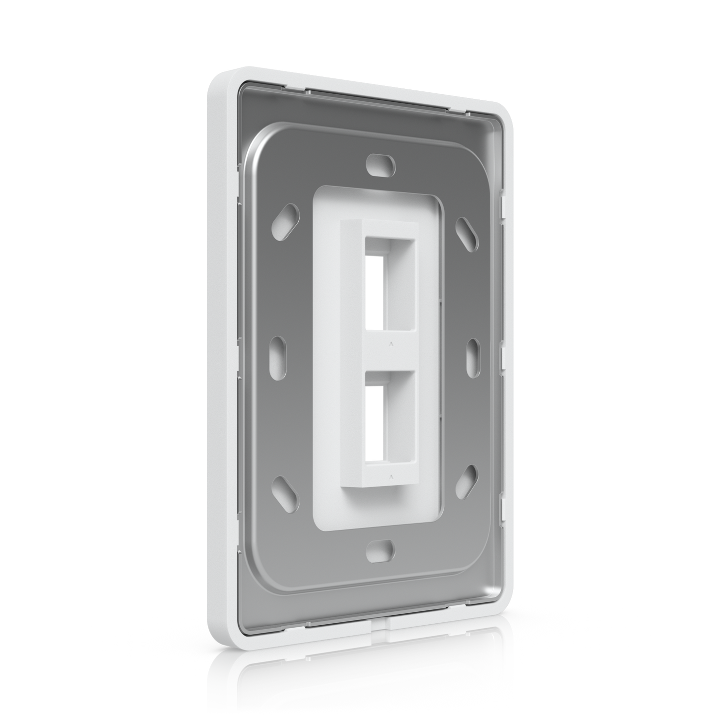 Angled rear view of the Ubiquiti UniFi vertical 2-port keystone wall plate showing the mounting plate and dual openings