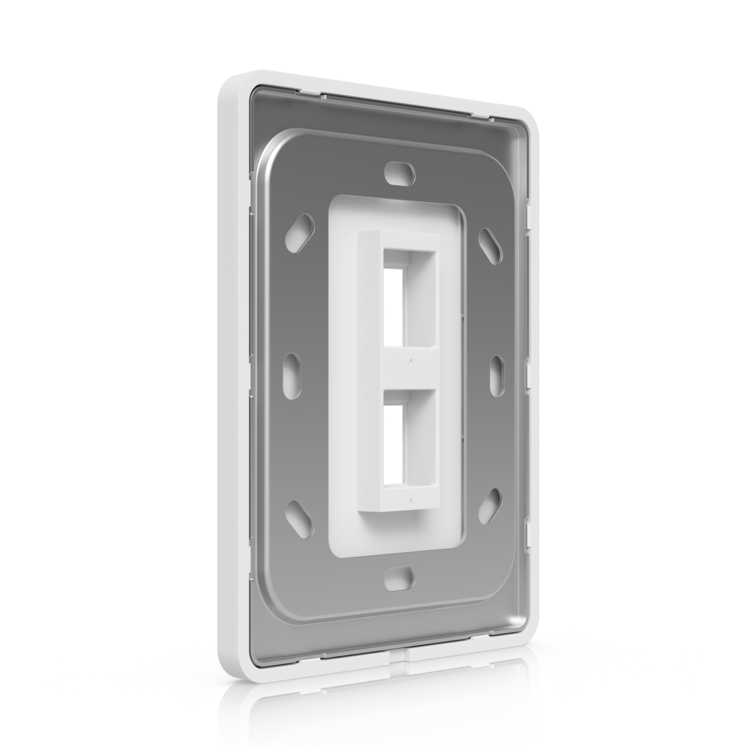 Angled rear view of the Ubiquiti UniFi vertical 2-port keystone wall plate showing the mounting plate and dual openings